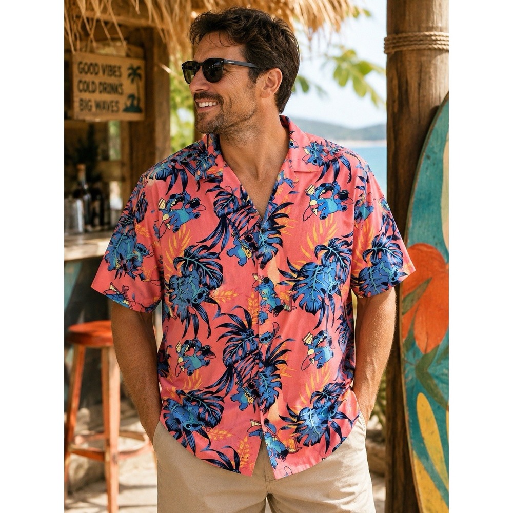 Disney Stitch Hawaiian Shirt Mens XL Pink Tropical Rayon Aloha Button Up